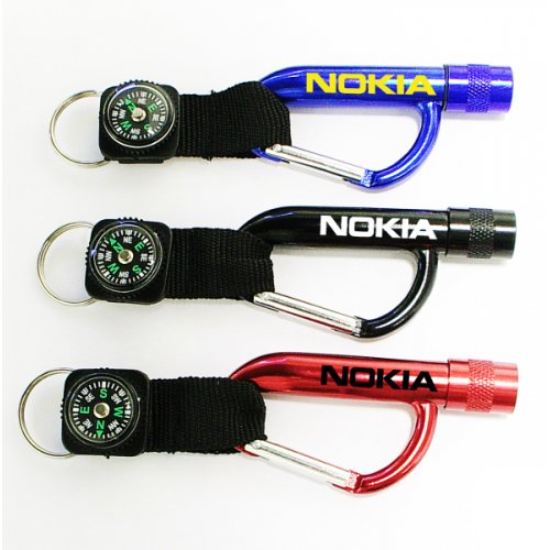 Promotional Super Bright LED Flashlight With Compass & Carabiner Keychains