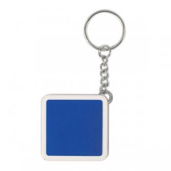 Promotional Square Tape Measure Keychains - White/ Blue