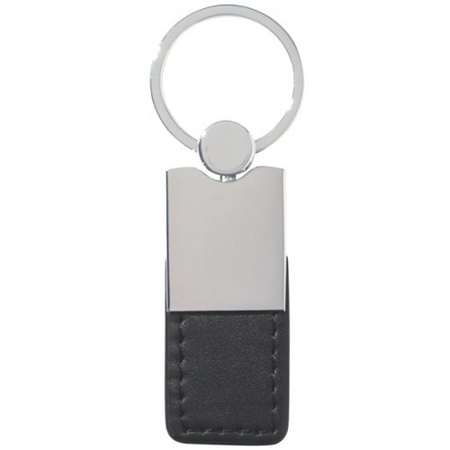 Custom Metal/ Simulated Leather Keychains- Silver/ Black